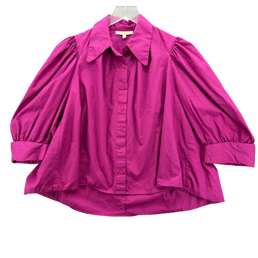 Laroque Reba Puff Sleeve Button Down Shirt Size L Pink Fuchsia Cotton Preppy
